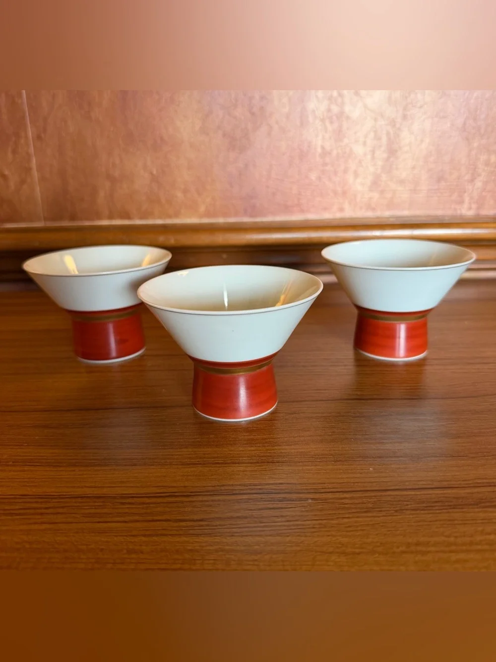 Tachikichi for Takashimaya Japanese Porcelain Sake Cups Pedestal Bowls Set of 3